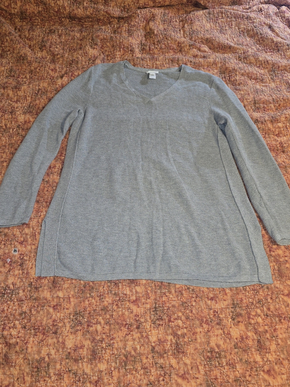 J. Jill Gray V-Neck Tunic Sweater L Large Textured Knit Silk Wool Blend Soft